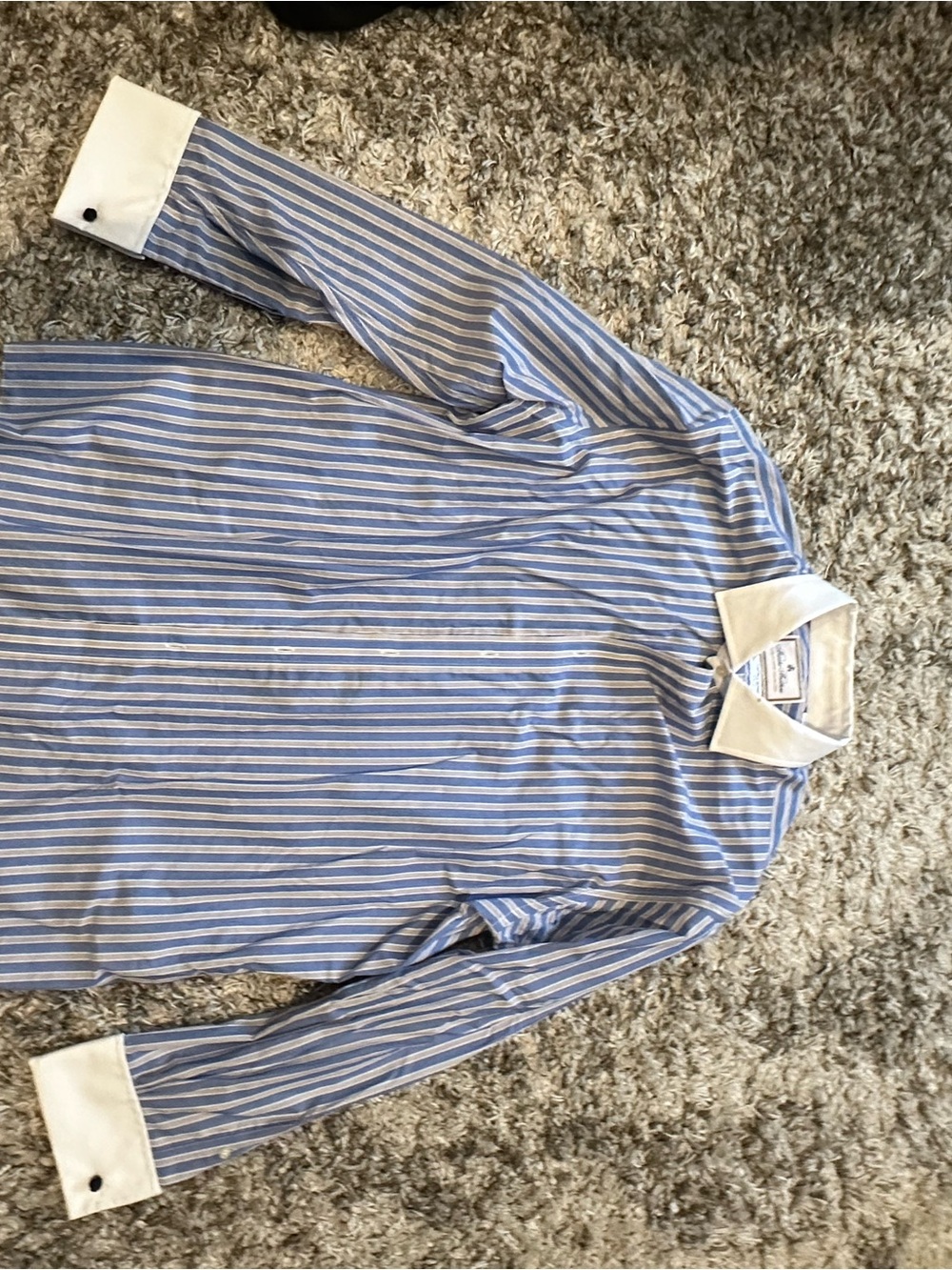 Brooks Brothers Blue and White Striped Dress Shirt with White Contrast Collar